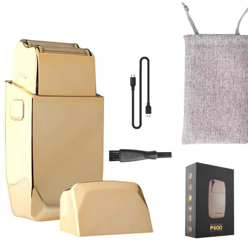 Professional hair clipper cordless hair-cutting machine barbershop cutter with 25W motor power, dual USB and direct power supply options, gold colour finish, suitable for home and general salon use