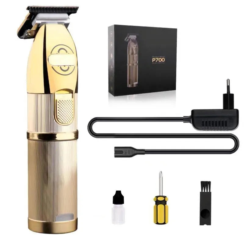 Gold-coloured cordless hair clipper with 25W motor and dual power supply options