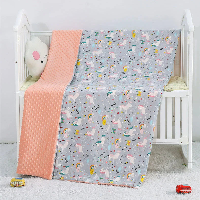 100x158cm cotton baby blanket with colourful cartoon pattern for pram and cot use