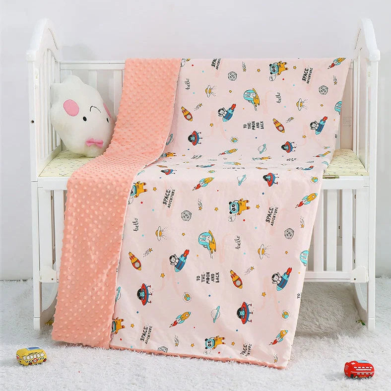 100x158cm cotton baby blanket with colourful cartoon pattern for pram and cot use