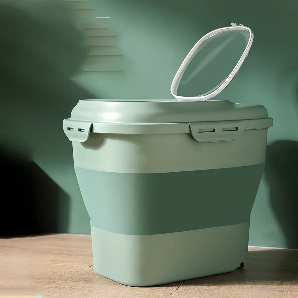 Green 16-litre pet food storage bucket with airtight seal and integrated measuring scoop