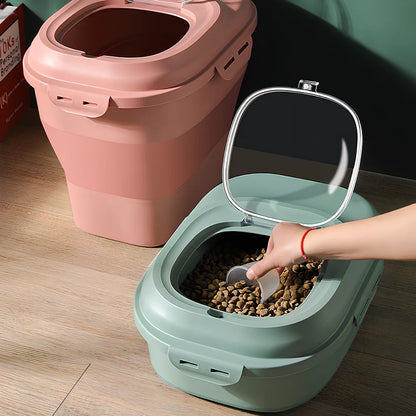 Green 16-litre pet food storage bucket with airtight seal and integrated measuring scoop
