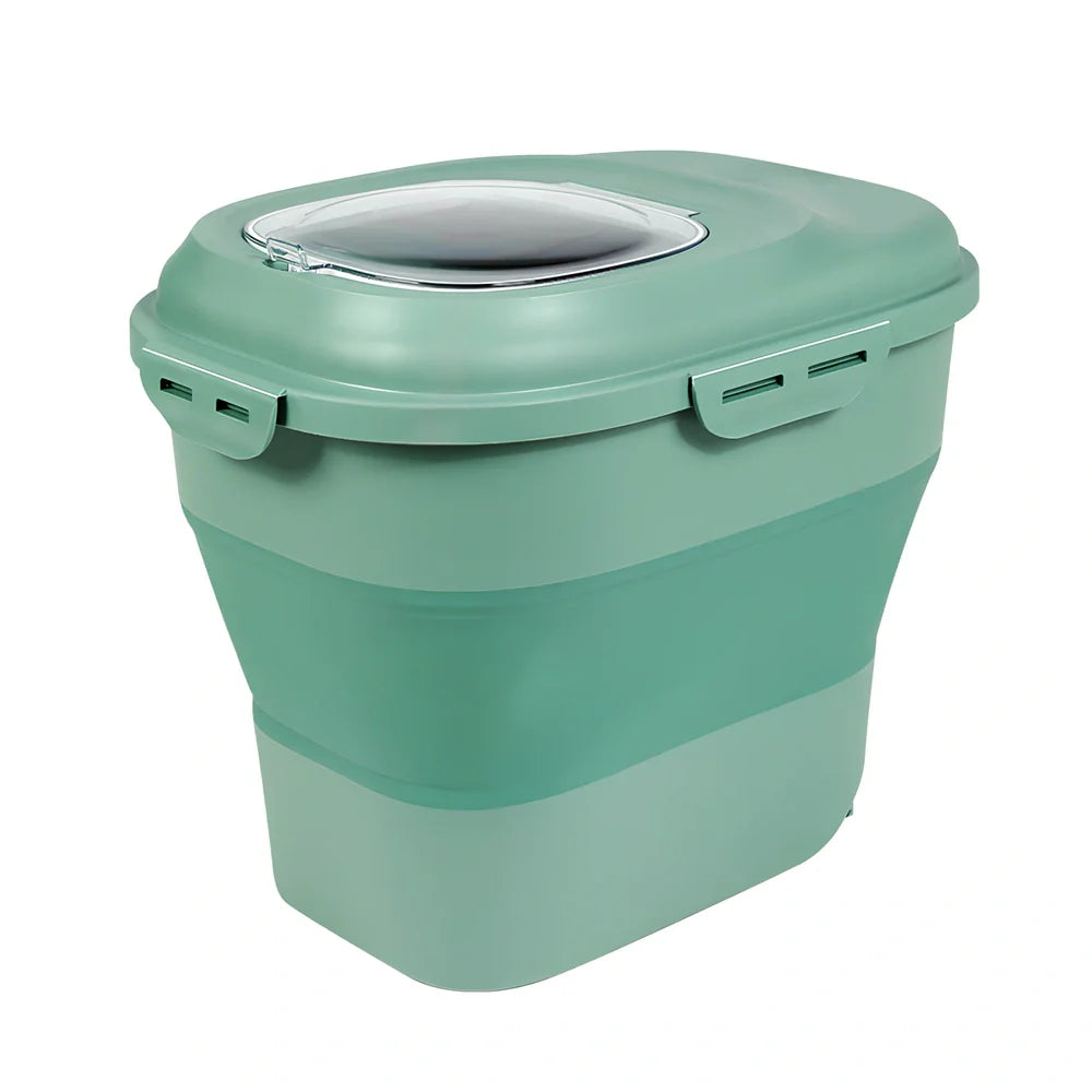 Green 16-litre pet food storage bucket with airtight seal and integrated measuring scoop