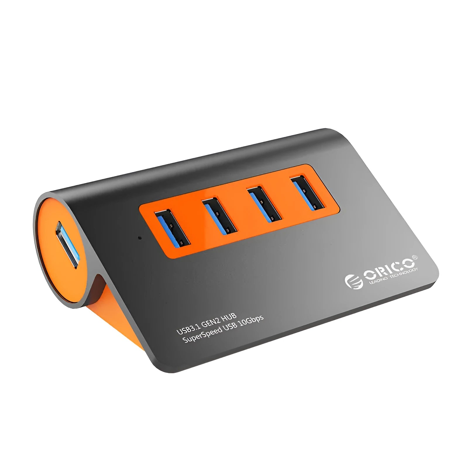 Dark grey aluminium USB-C laptop docking station with orange accents, showing USB ports, HDMI, and card readers.