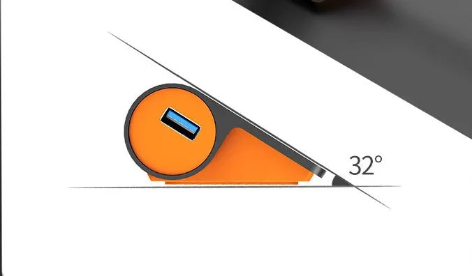 Dark grey aluminium USB-C laptop docking station with orange accents, showing USB ports, HDMI, and card readers.