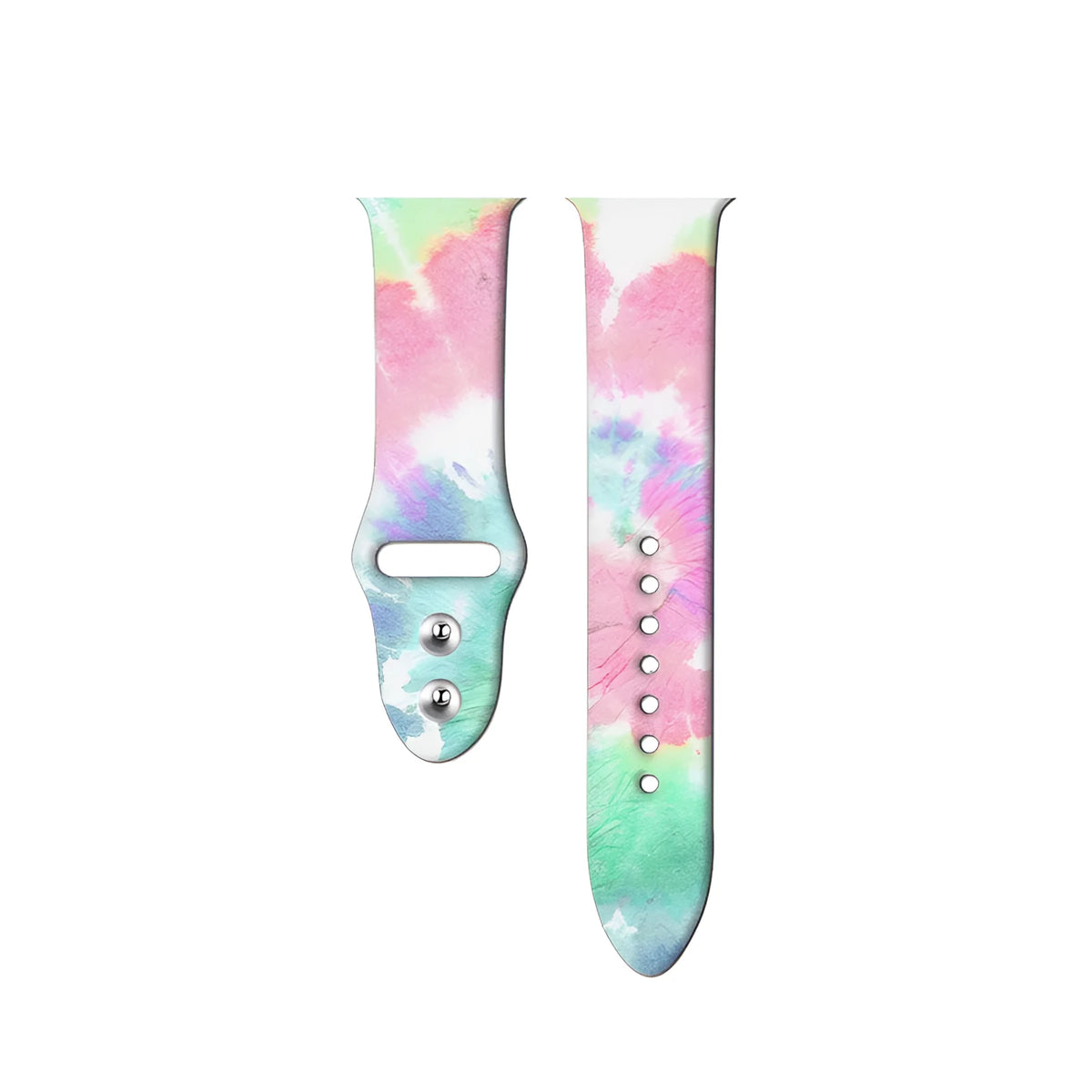 Apple Watch silicone replacement band showing tie-dye pattern options with adjustable clasp