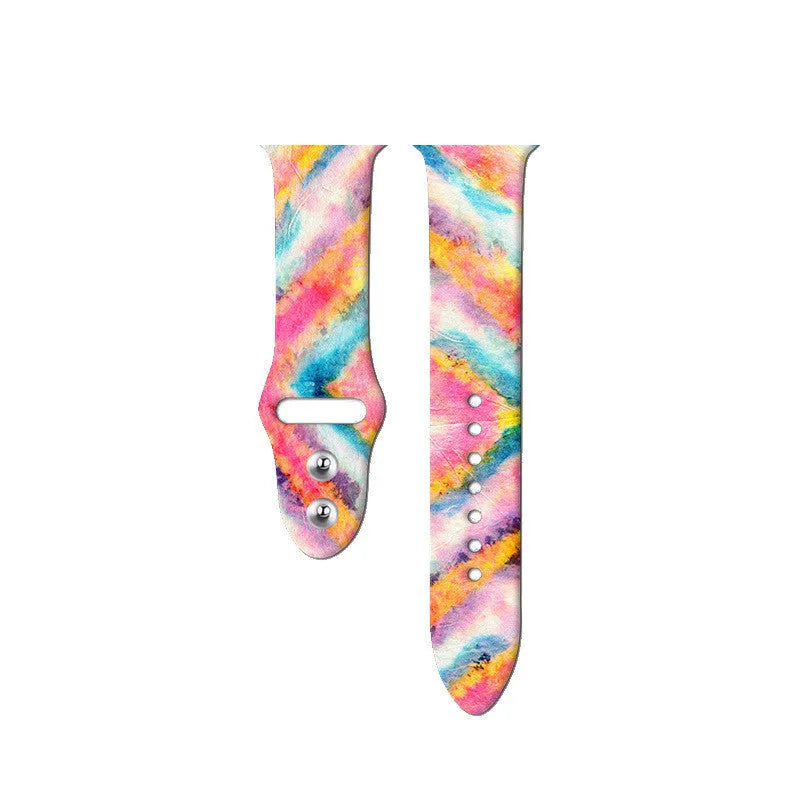 Apple Watch replacement band adjustable silicone strap for Apple Watch 123456SE models with tie-dye and custom pattern designs available in multiple colour options and standard or long sizes for personalised wristwear