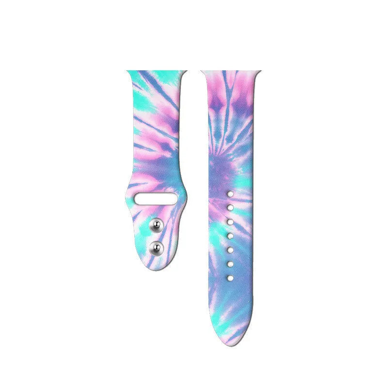 Apple Watch silicone replacement band showing tie-dye pattern options with adjustable clasp