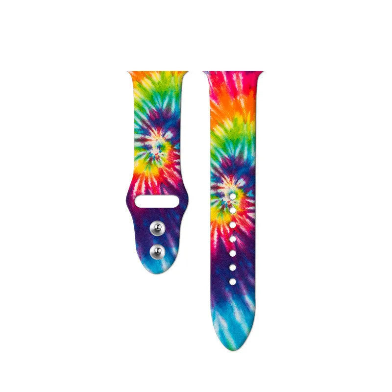 Apple Watch silicone replacement band showing tie-dye pattern options with adjustable clasp