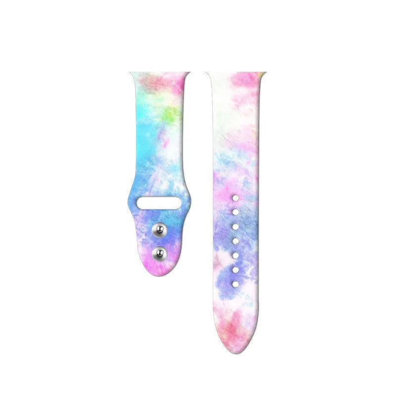 Apple Watch silicone replacement band showing tie-dye pattern options with adjustable clasp