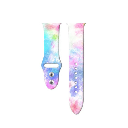 Apple Watch silicone replacement band showing tie-dye pattern options with adjustable clasp