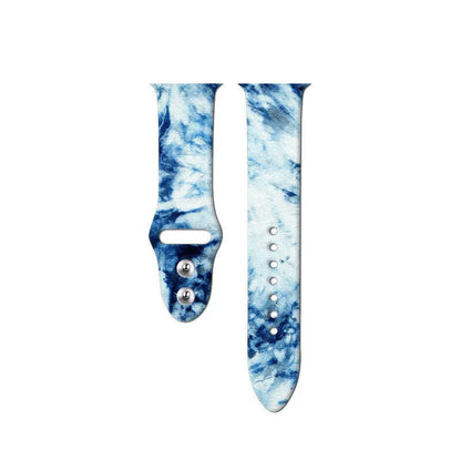 Apple Watch silicone replacement band showing tie-dye pattern options with adjustable clasp