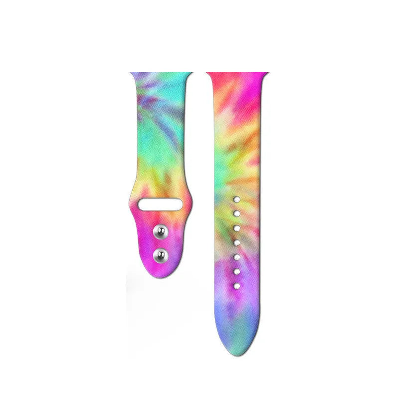 Apple Watch silicone replacement band showing tie-dye pattern options with adjustable clasp