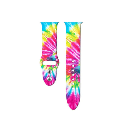 Apple Watch silicone replacement band showing tie-dye pattern options with adjustable clasp