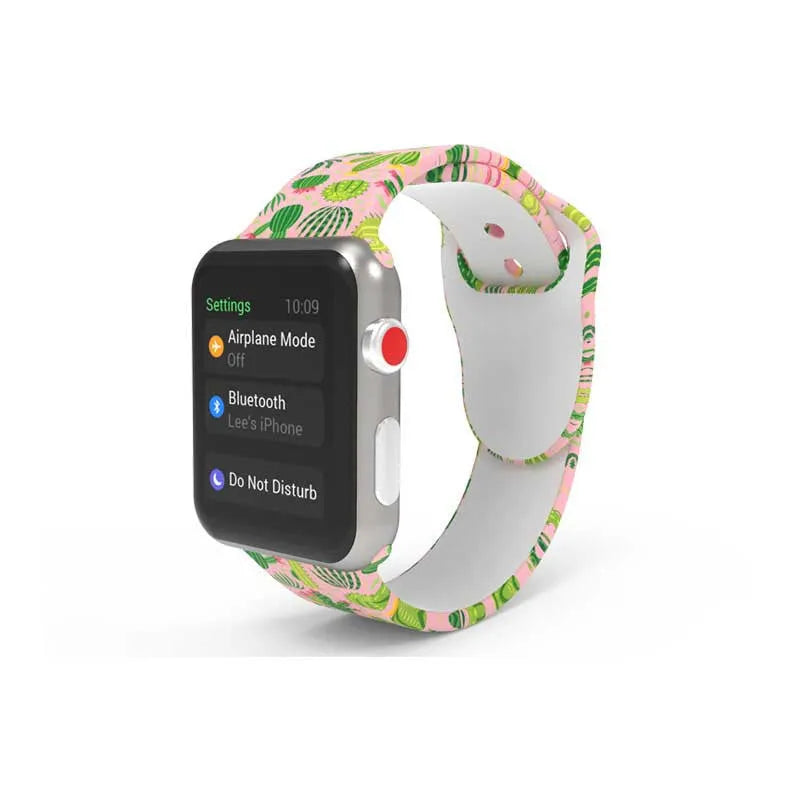 Apple Watch silicone replacement band showing tie-dye pattern options with adjustable clasp