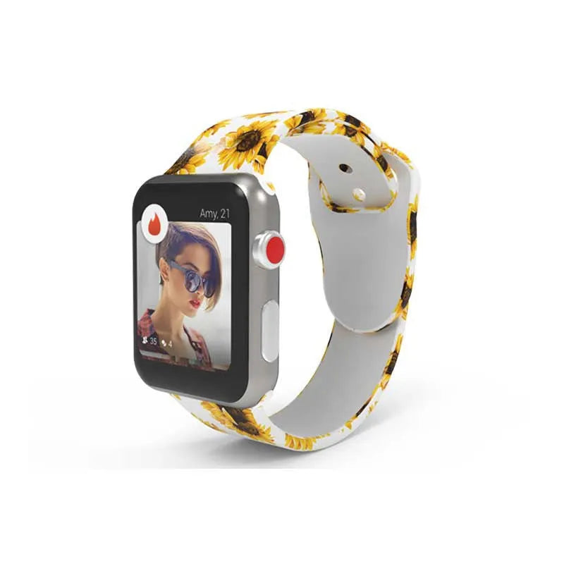 Apple Watch silicone replacement band showing tie-dye pattern options with adjustable clasp