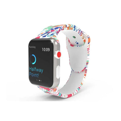 Apple Watch silicone replacement band showing tie-dye pattern options with adjustable clasp
