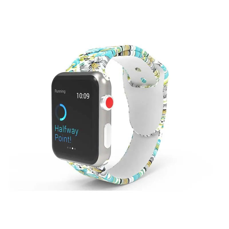 Apple Watch silicone replacement band showing tie-dye pattern options with adjustable clasp