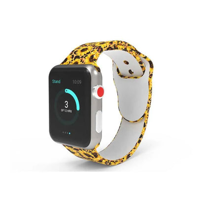 Apple Watch silicone replacement band showing tie-dye pattern options with adjustable clasp