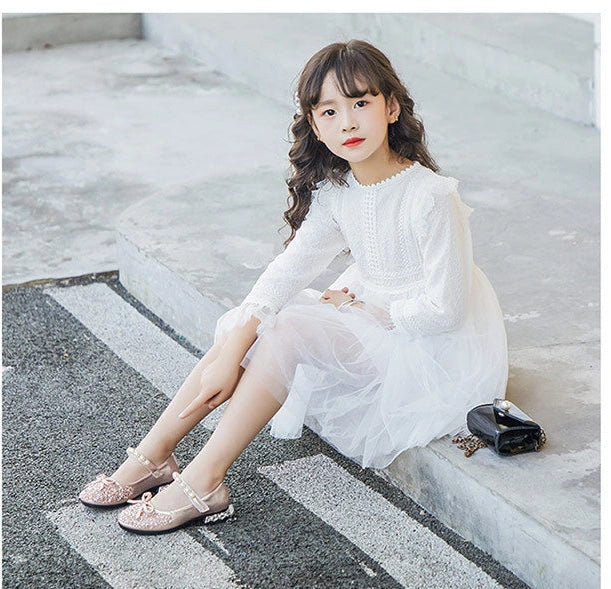 Children's leather shoes with rhinestone details and Velcro fastening in black, pink, and silver colours