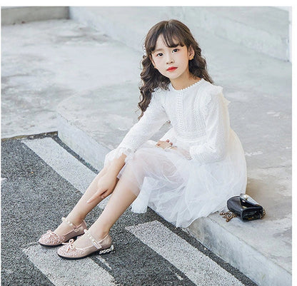 Children's leather shoes with rhinestone details and Velcro fastening in black, pink, and silver colours