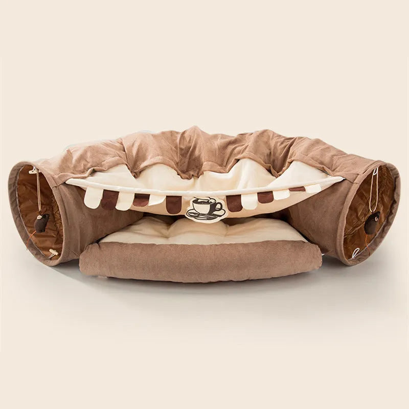 Collapsible cat tunnel in cloth material showing Bar, Coffee, Matcha and Pink colour options