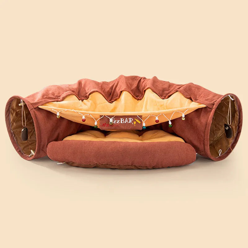 Collapsible cat tunnel in cloth material showing Bar, Coffee, Matcha and Pink colour options