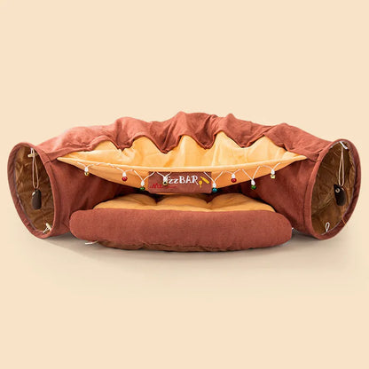 Collapsible cat tunnel in cloth material showing Bar, Coffee, Matcha and Pink colour options