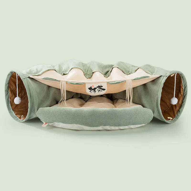 Collapsible cat tunnel in cloth material showing Bar, Coffee, Matcha and Pink colour options