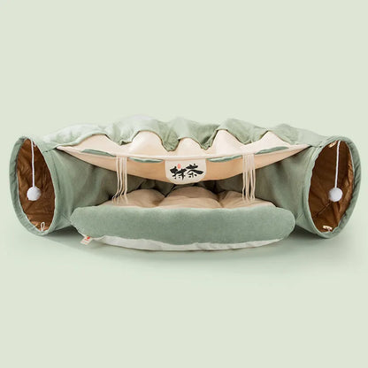 Collapsible cat tunnel in cloth material showing Bar, Coffee, Matcha and Pink colour options