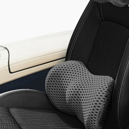 Memory foam car headrest and lumbar support set with polyurethane cover and solid colour stitching in blue, green, grey or black.