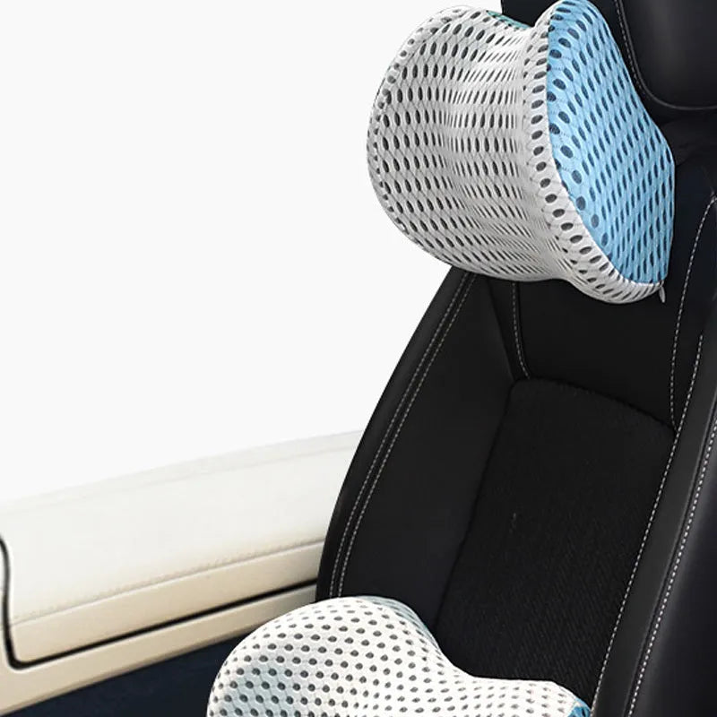 Memory foam car headrest and lumbar support set with polyurethane cover and solid colour stitching in blue, green, grey or black.