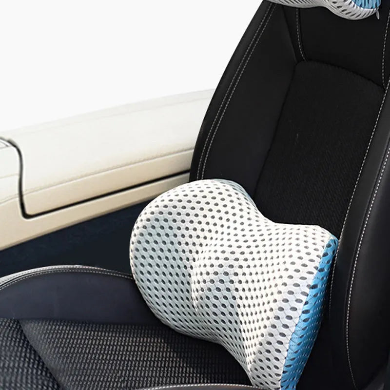Memory foam car headrest and lumbar support set with polyurethane cover and solid colour stitching in blue, green, grey or black.