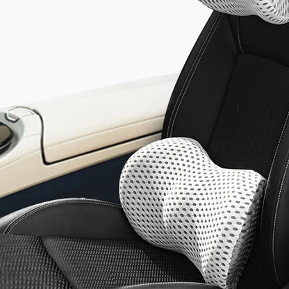 Memory foam car headrest and lumbar support set with polyurethane cover and solid colour stitching in blue, green, grey or black.
