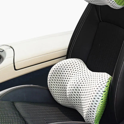 Memory foam car headrest and lumbar support set with polyurethane cover and solid colour stitching in blue, green, grey or black.