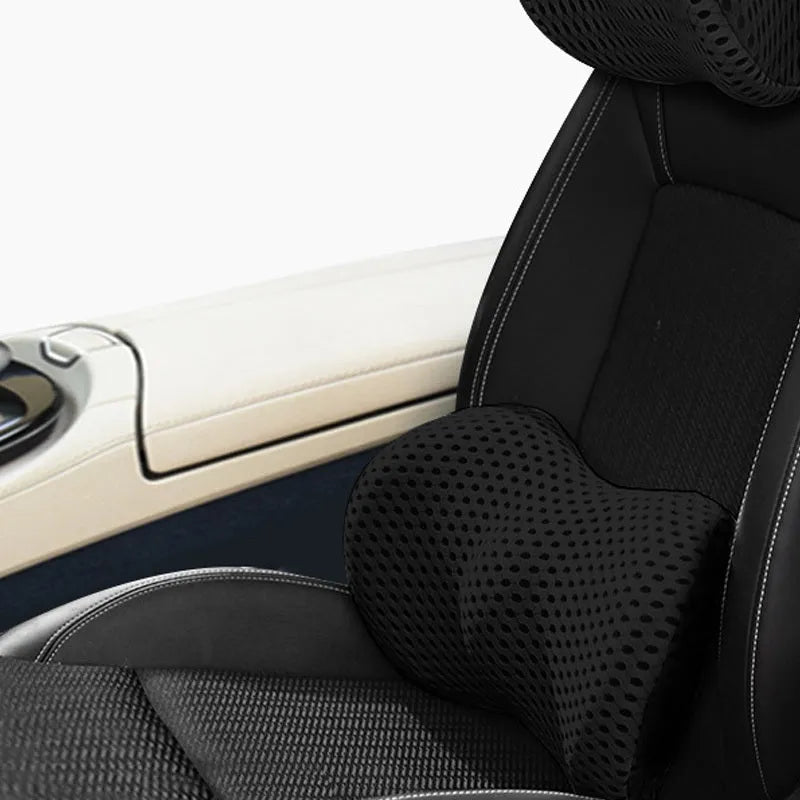 Memory foam car headrest and lumbar support set with polyurethane cover and solid colour stitching in blue, green, grey or black.