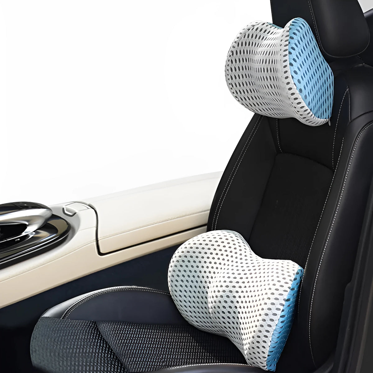 Memory foam car headrest and lumbar support set with polyurethane cover and solid colour stitching in blue, green, grey or black.