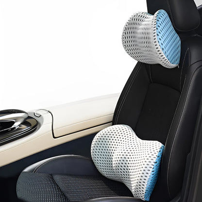 Memory foam car headrest and lumbar support set with polyurethane cover and solid colour stitching in blue, green, grey or black.