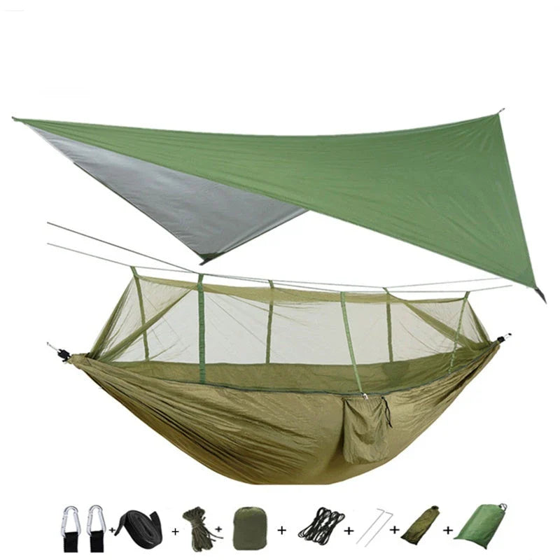 Lightweight and portable parachute hammock with mosquito net for outdoor relaxation