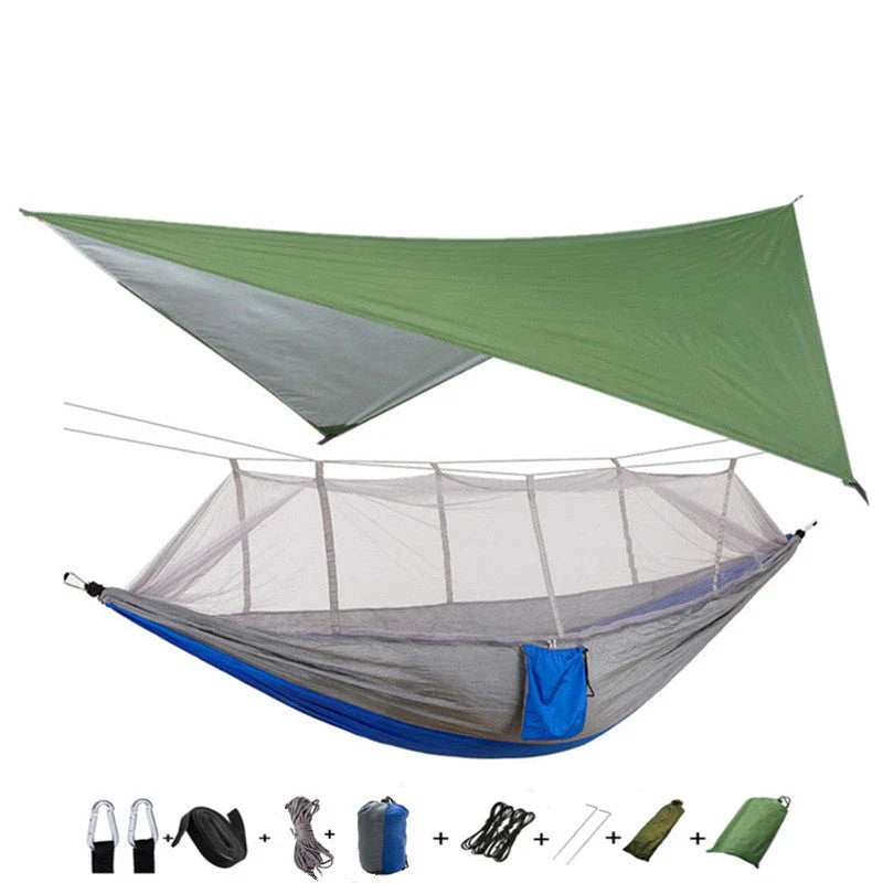 Lightweight and portable parachute hammock with mosquito net for outdoor relaxation