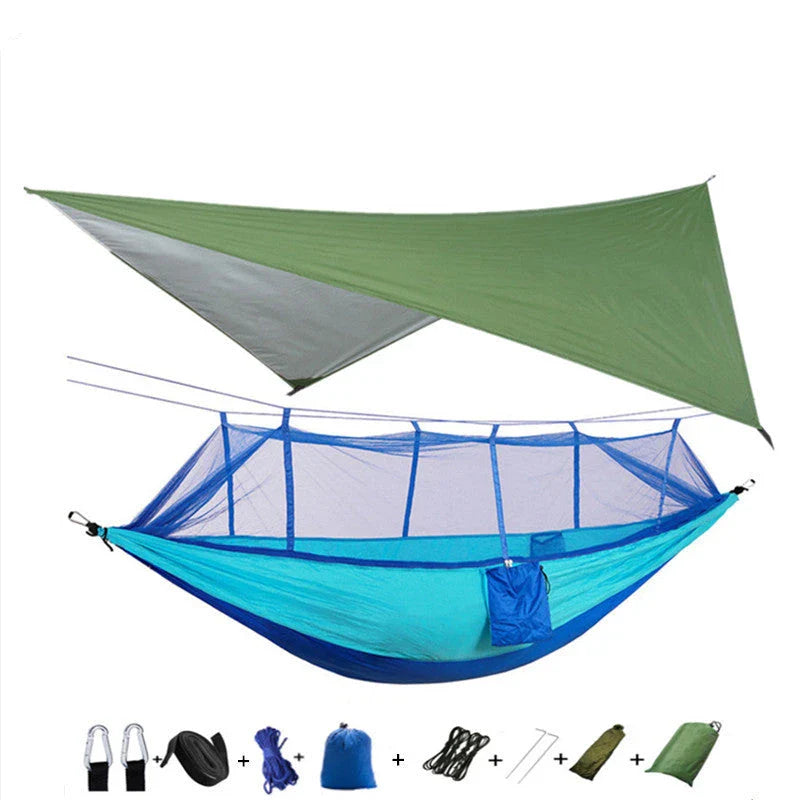 Lightweight and portable parachute hammock with mosquito net for outdoor relaxation