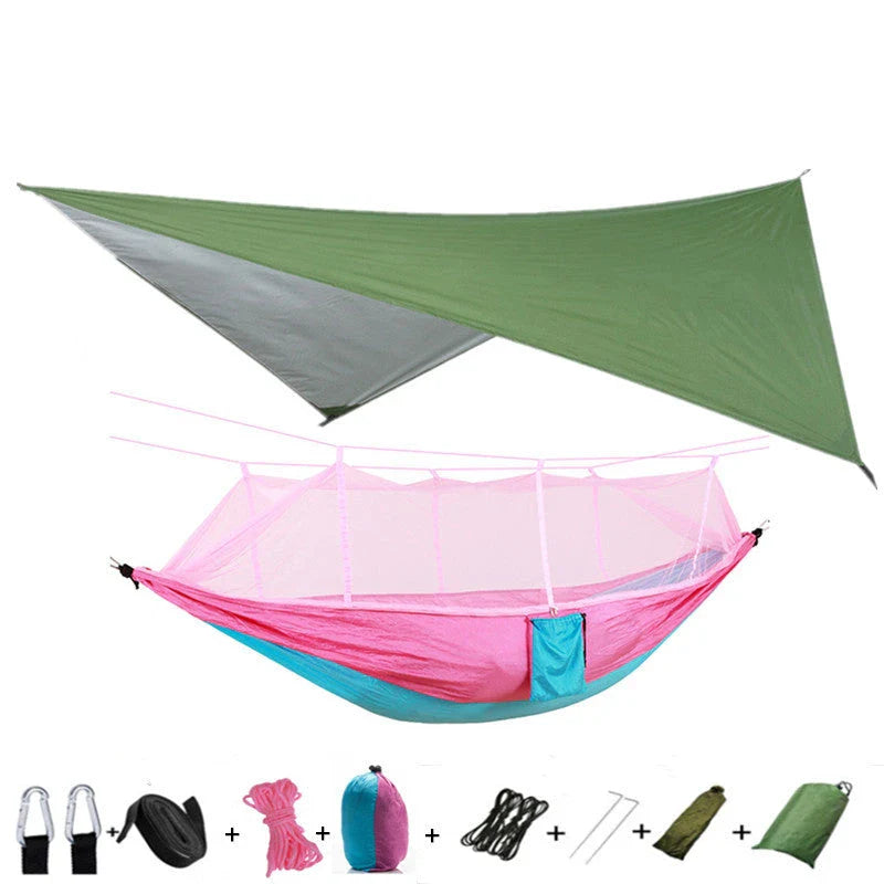 Lightweight and portable parachute hammock with mosquito net for outdoor relaxation