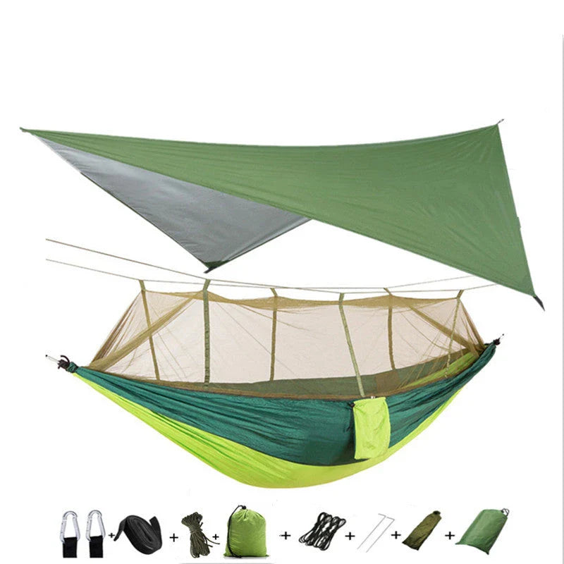 Lightweight and portable parachute hammock with mosquito net for outdoor relaxation