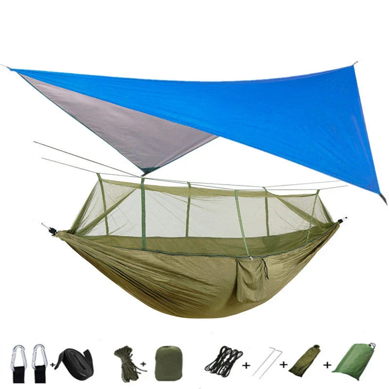 Lightweight and portable parachute hammock with mosquito net for outdoor relaxation