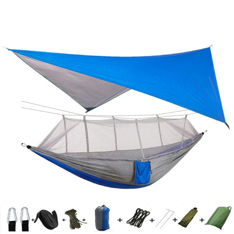 Lightweight and portable parachute hammock with mosquito net for outdoor relaxation