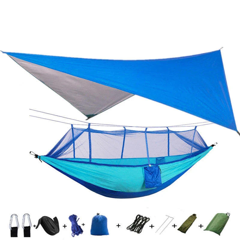 Lightweight and portable parachute hammock with mosquito net for outdoor relaxation
