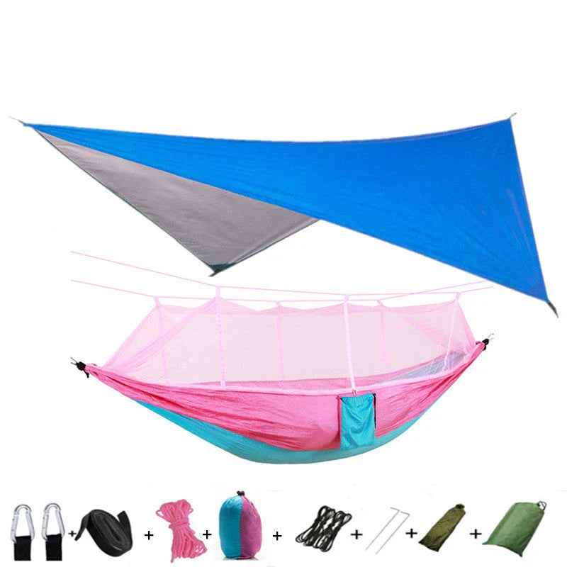 Lightweight and portable parachute hammock with mosquito net for outdoor relaxation