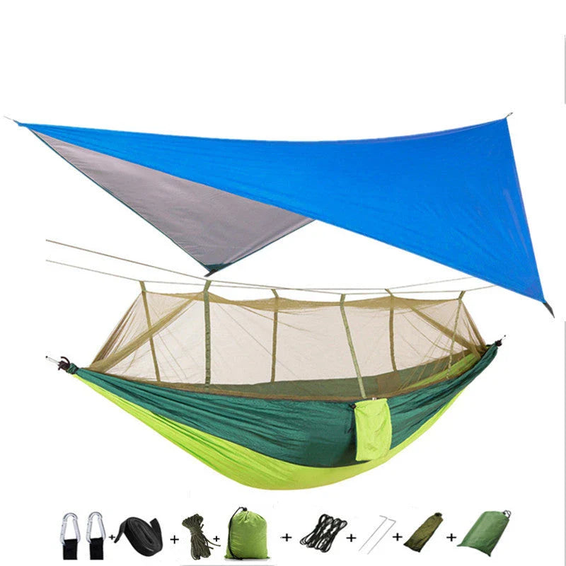 Lightweight and portable parachute hammock with mosquito net for outdoor relaxation