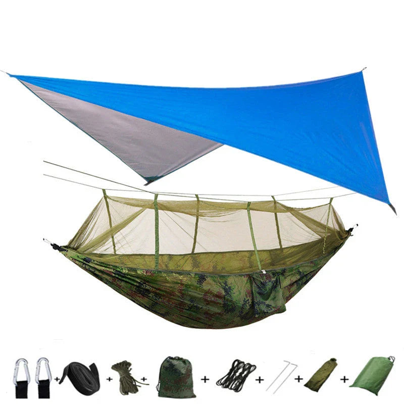 Lightweight and portable parachute hammock with mosquito net for outdoor relaxation