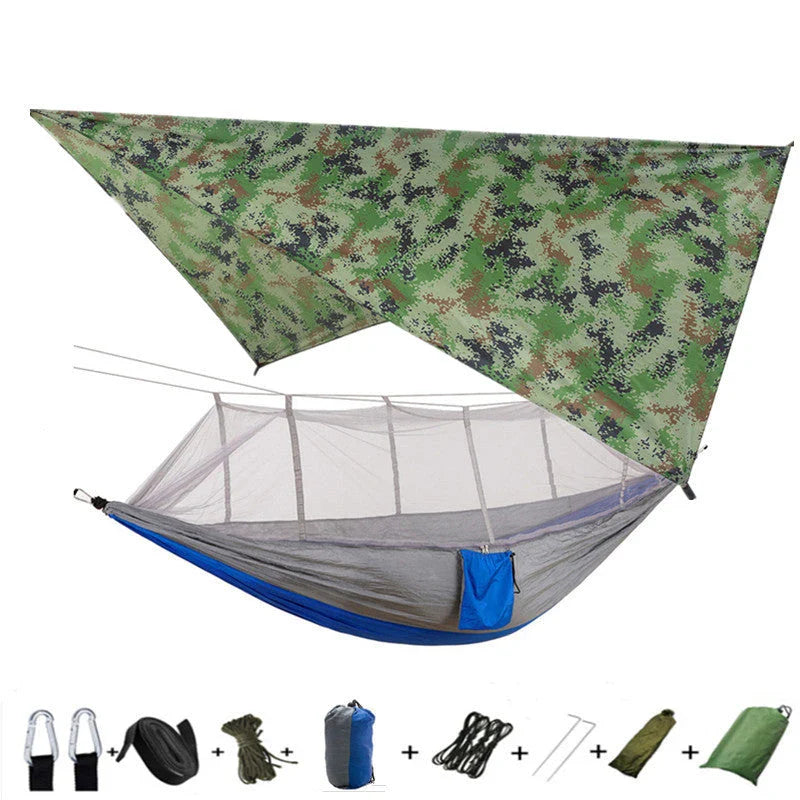 Lightweight and portable parachute hammock with mosquito net for outdoor relaxation